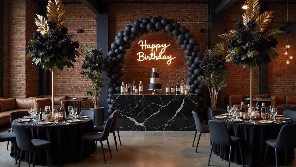A brick loft styled in black and gold, with a black balloon arch around a Happy Birthday neon sign, a marble bar and round tables in black linen